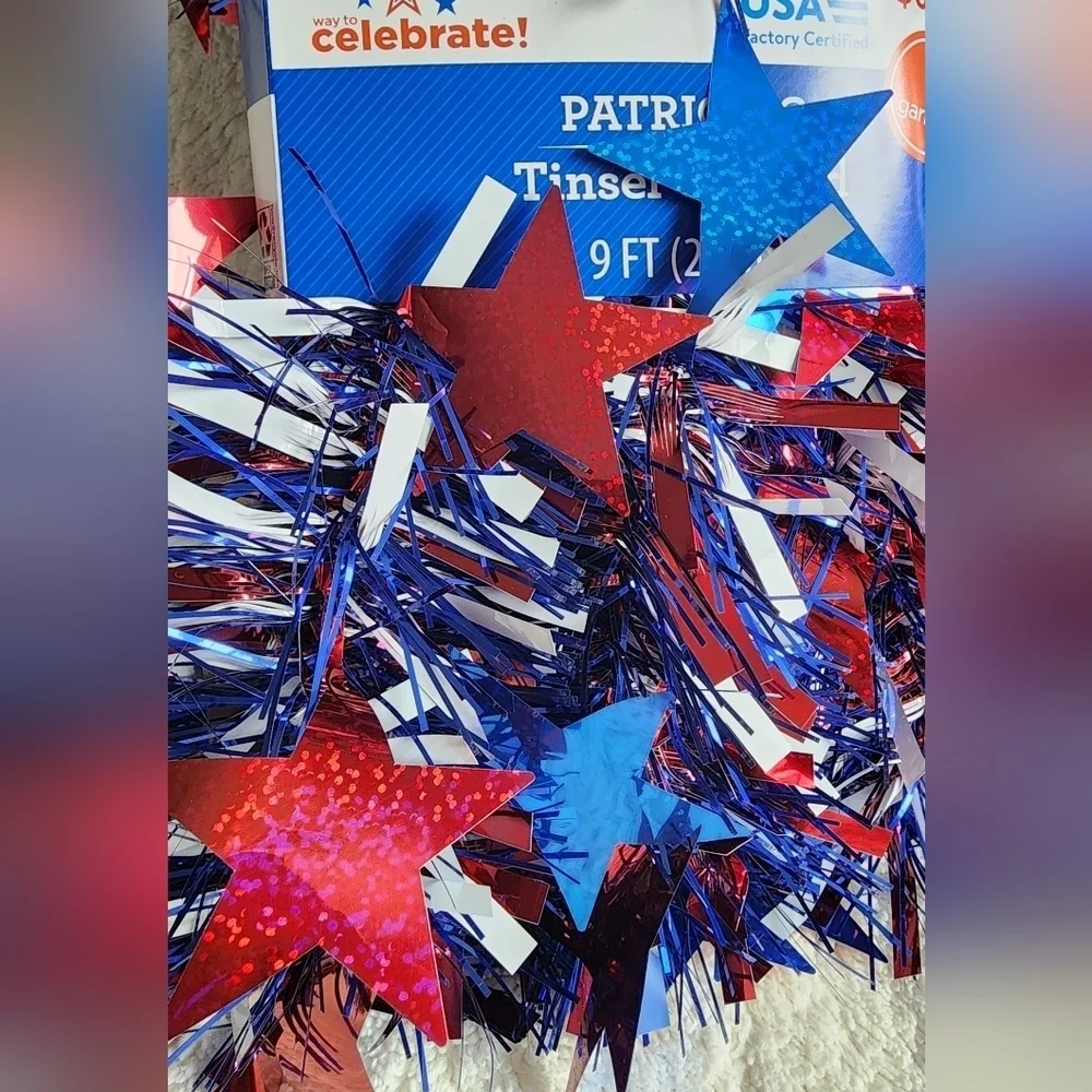 New American 4th of July Patriotic Tinsel garland bundle of 2, 9 ft each